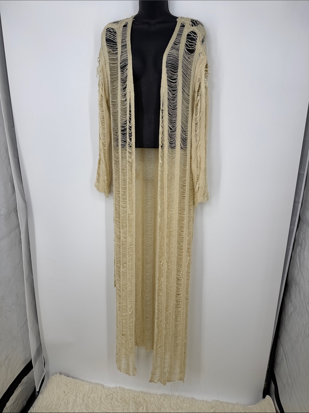 Long Open-Front Boho  Crochet Duster Cardigan in Ivory size small